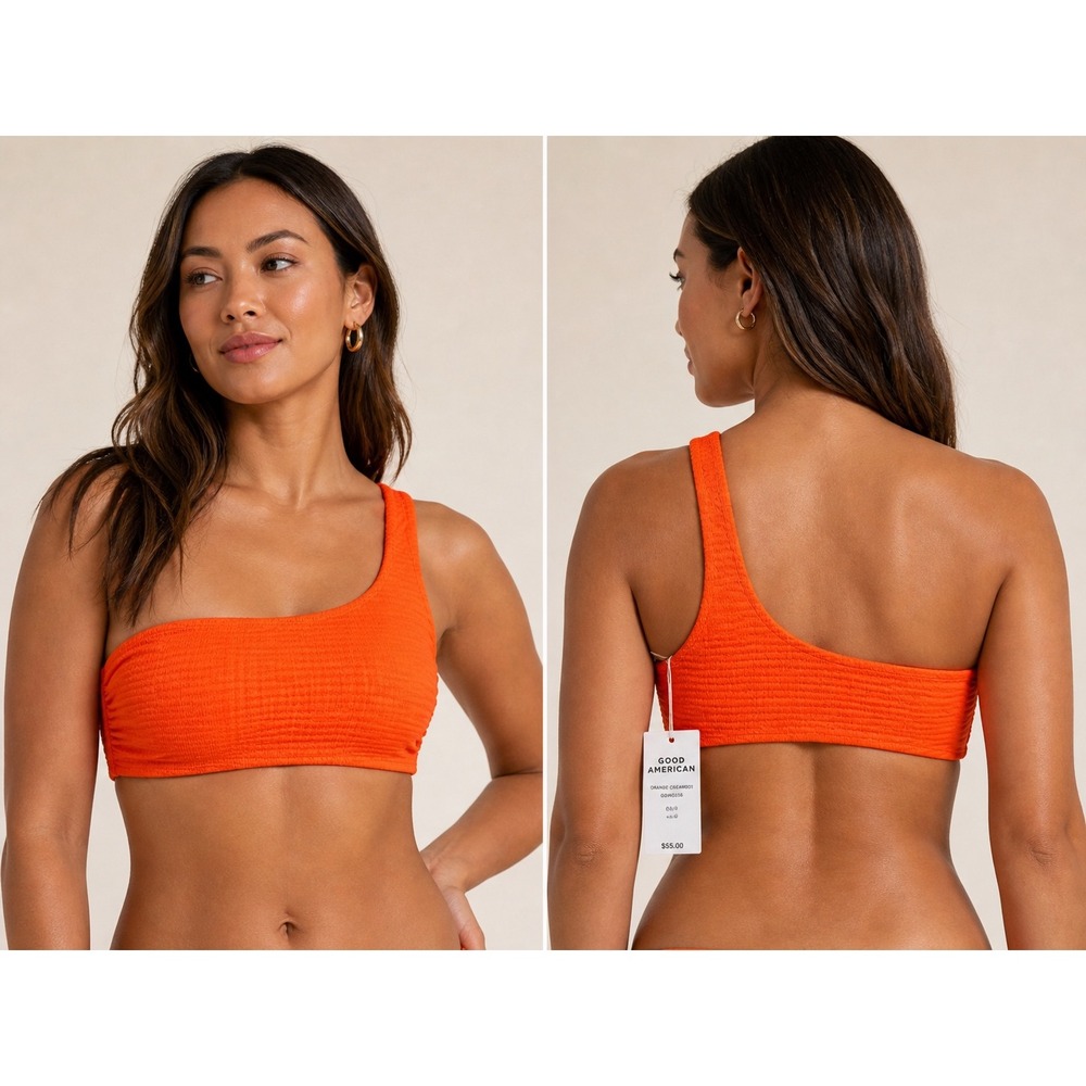 Good American One Shoulder Women's Bikini Top 00/XS Orange Cream Textured NWT
